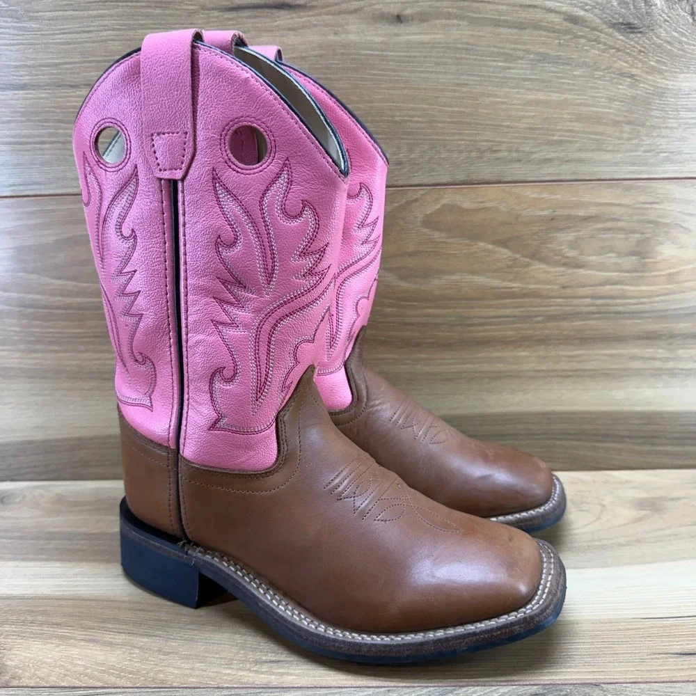 OLD WEST Cowgirl Western Boots Girls 2 Brown Pink Leather Square Toe Rodeo Ranch